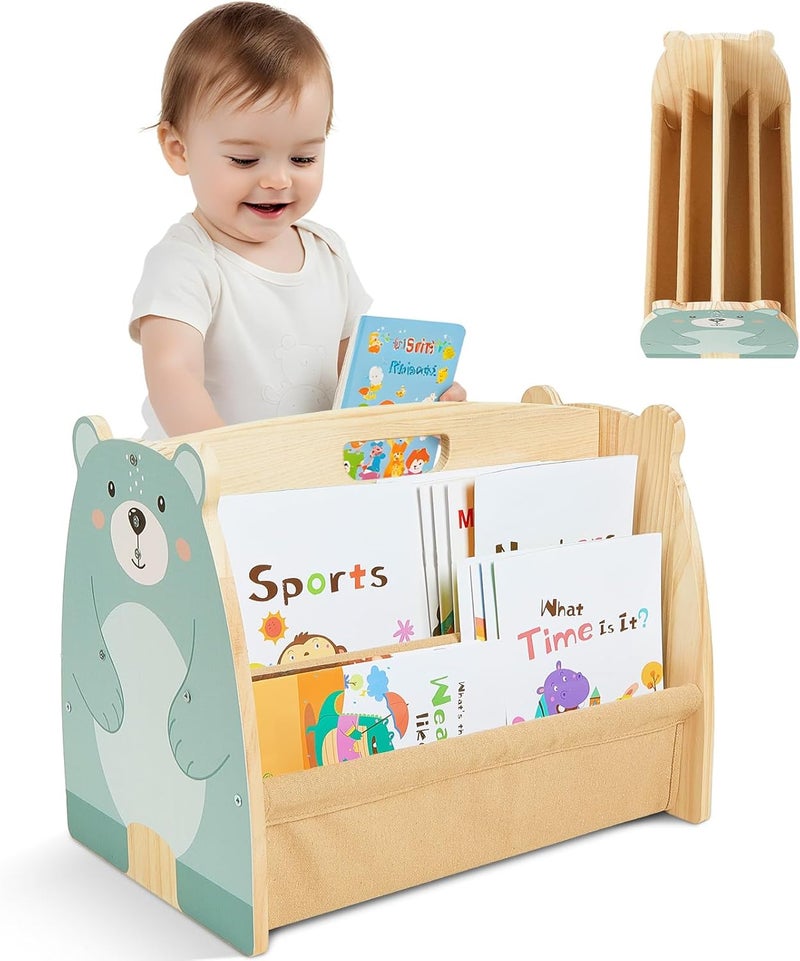 SheSeek Toddler Bookshelf Double-Sided with 4 Tier Deep Sleeves Kids Wooden Montessori Book Rack for Baby Nursery Room, Playroom, Classroom or Bedroom Bookcase Storage Organizer, Green Bear - Image 1